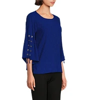 Slim Factor By Investments Josie Crew Neck 3/4 Sleeve Grommet Textured Top