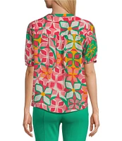 Slim Factor By Investments Julia Azalea Fashion Geo Print V-Neck Short Sleeve Top