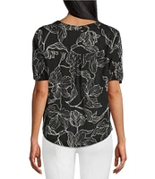 Slim Factor By Investments Julia Black/White Floral Stencil Print V-Neck Short Sleeve Top