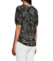 Slim Factor By Investments Julia Black/White Floral Stencil Print V-Neck Short Sleeve Top