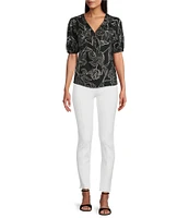 Slim Factor By Investments Julia Black/White Floral Stencil Print V-Neck Short Sleeve Top