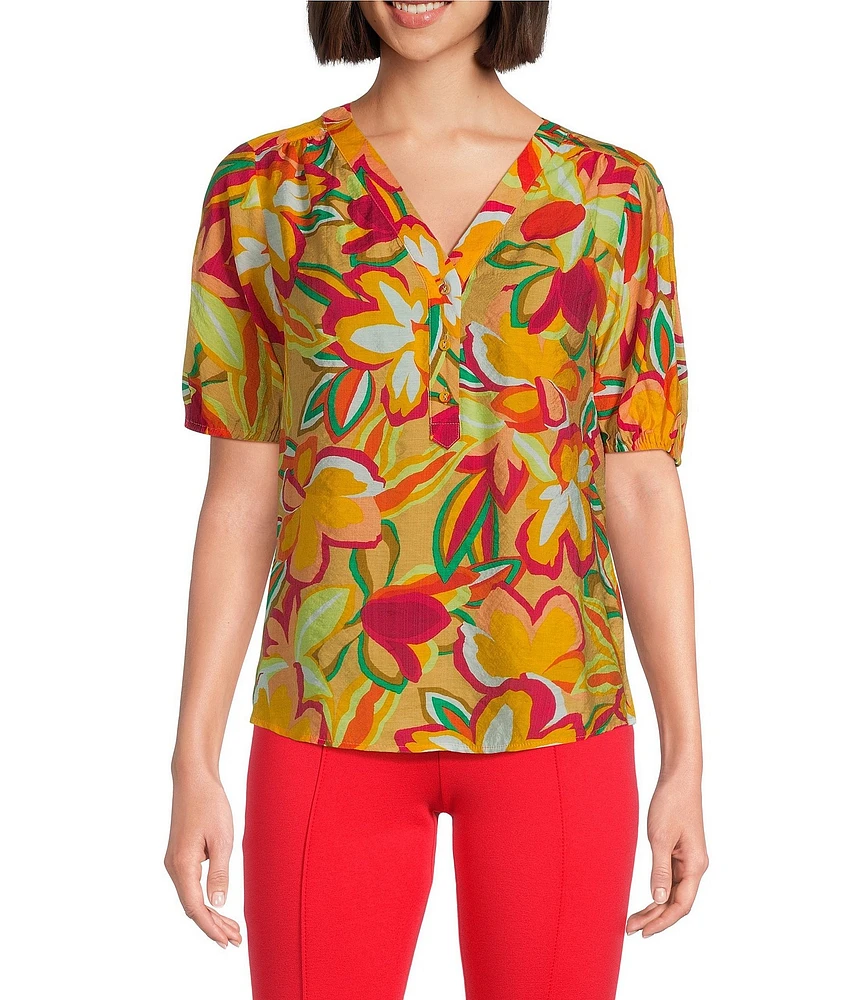 Slim Factor By Investments Julia Gold Fusion Multi Paradise Floral Print V-Neck Short Sleeve Top