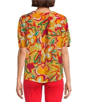 Slim Factor By Investments Julia Gold Fusion Multi Paradise Floral Print V-Neck Short Sleeve Top