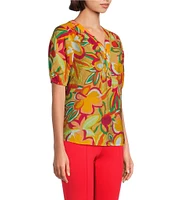 Slim Factor By Investments Julia Gold Fusion Multi Paradise Floral Print V-Neck Short Sleeve Top