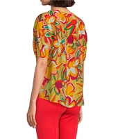 Slim Factor By Investments Julia Gold Fusion Multi Paradise Floral Print V-Neck Short Sleeve Top