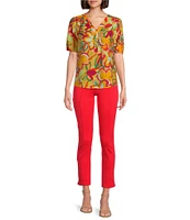 Slim Factor By Investments Julia Gold Fusion Multi Paradise Floral Print V-Neck Short Sleeve Top