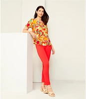 Slim Factor By Investments Julia Gold Fusion Multi Paradise Floral Print V-Neck Short Sleeve Top