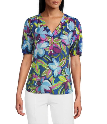 Slim Factor By Investments Julia Royal Blue Paradise Floral Print Crew Neck Short Sleeve Top