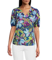 Slim Factor By Investments Julia Royal Blue Paradise Floral Print Crew Neck Short Sleeve Top