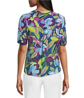 Slim Factor By Investments Julia Royal Blue Paradise Floral Print Crew Neck Short Sleeve Top