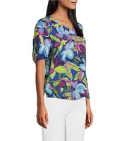 Slim Factor By Investments Julia Royal Blue Paradise Floral Print Crew Neck Short Sleeve Top