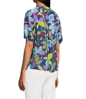 Slim Factor By Investments Julia Royal Blue Paradise Floral Print Crew Neck Short Sleeve Top