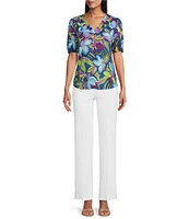 Slim Factor By Investments Julia Royal Blue Paradise Floral Print Crew Neck Short Sleeve Top