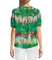 Slim Factor By Investments Julia Simply Green Multi Tie Dye Print V-Neck Short Sleeve Top