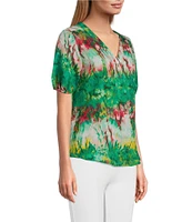 Slim Factor By Investments Julia Simply Green Multi Tie Dye Print V-Neck Short Sleeve Top