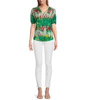 Slim Factor By Investments Julia Simply Green Multi Tie Dye Print V-Neck Short Sleeve Top