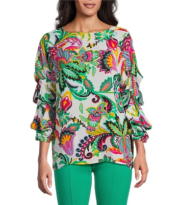 Slim Factor By Investments Kara Multi Exploded Jacobean Printed Boat Neck 3/4 Tiered Sleeve Top