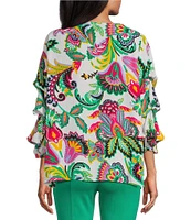 Slim Factor By Investments Kara Multi Exploded Jacobean Printed Boat Neck 3/4 Tiered Sleeve Top
