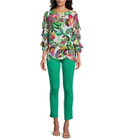 Slim Factor By Investments Kara Multi Exploded Jacobean Printed Boat Neck 3/4 Tiered Sleeve Top