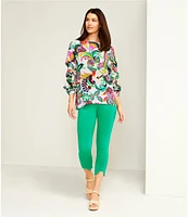 Slim Factor By Investments Kara Multi Exploded Jacobean Printed Boat Neck 3/4 Tiered Sleeve Top