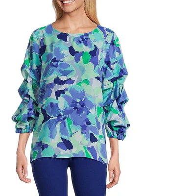 Slim Factor By Investments Kara Painted Garden Boat Neck 3/4 Tiered Sleeve Top