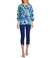 Slim Factor By Investments Kara Painted Garden Boat Neck 3/4 Tiered Sleeve Top