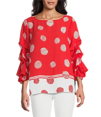 Slim Factor By Investments Kara Poppy Red Scribble Dots Boat Neck 3/4 Tiered Sleeve Top
