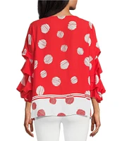 Slim Factor By Investments Kara Poppy Red Scribble Dots Boat Neck 3/4 Tiered Sleeve Top