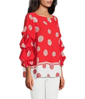 Slim Factor By Investments Kara Poppy Red Scribble Dots Boat Neck 3/4 Tiered Sleeve Top