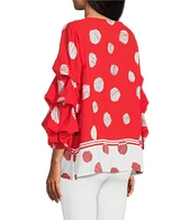 Slim Factor By Investments Kara Poppy Red Scribble Dots Boat Neck 3/4 Tiered Sleeve Top