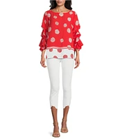 Slim Factor By Investments Kara Poppy Red Scribble Dots Boat Neck 3/4 Tiered Sleeve Top