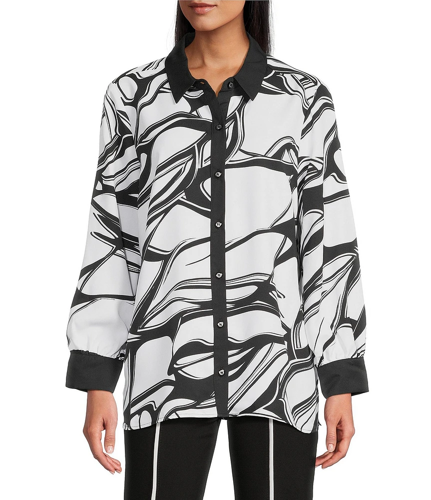 Slim Factor by Investments Long Sleeve Point Collar Abstract Stroke Print Button Front Top