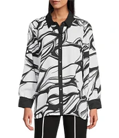 Slim Factor by Investments Long Sleeve Point Collar Abstract Stroke Print Button Front Top