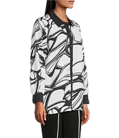 Slim Factor by Investments Long Sleeve Point Collar Abstract Stroke Print Button Front Top