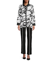 Slim Factor by Investments Long Sleeve Point Collar Abstract Stroke Print Button Front Top