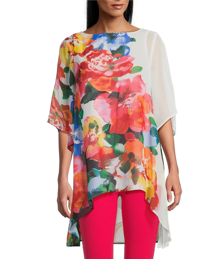 Slim Factor by Investments Multi Fragrant Floral Print Boat Neck 3/4 Sleeve Lined Tunic