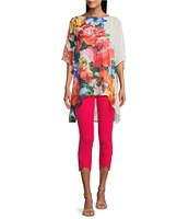 Slim Factor by Investments Multi Fragrant Floral Print Boat Neck 3/4 Sleeve Lined Tunic