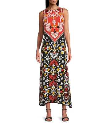 Slim Factor by Investments Orange Rust Flourish Batik Print Sleeveless Crew Neck Maxi Dress