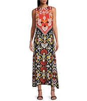 Slim Factor by Investments Orange Rust Flourish Batik Print Sleeveless Crew Neck Maxi Dress
