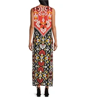 Slim Factor by Investments Orange Rust Flourish Batik Print Sleeveless Crew Neck Maxi Dress