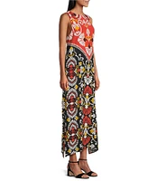 Slim Factor by Investments Orange Rust Flourish Batik Print Sleeveless Crew Neck Maxi Dress