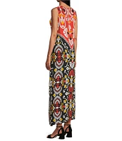 Slim Factor by Investments Orange Rust Flourish Batik Print Sleeveless Crew Neck Maxi Dress