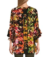 Slim Factor by Investments Patched Floral V-Neckline Ruffle Bracelet Sleeve Button Top