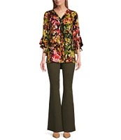 Slim Factor by Investments Patched Floral V-Neckline Ruffle Bracelet Sleeve Button Top