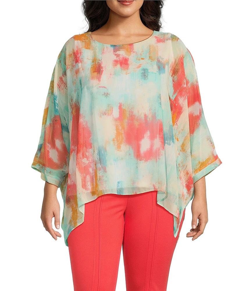 Slim Factor by Investments Plus Size Abstract Haze Crew Neck 3/4 Dolman Sleeve Lined Blouse