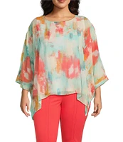 Slim Factor by Investments Plus Size Abstract Haze Crew Neck 3/4 Dolman Sleeve Lined Blouse