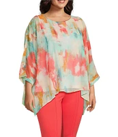 Slim Factor by Investments Plus Size Abstract Haze Crew Neck 3/4 Dolman Sleeve Lined Blouse