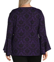 Slim Factor by Investments Plus Size Baroque Tile Print Crew Neck 3/4 Flare Sleeve Top