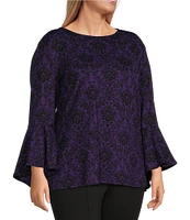 Slim Factor by Investments Plus Size Baroque Tile Print Crew Neck 3/4 Flare Sleeve Top