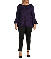 Slim Factor by Investments Plus Size Baroque Tile Print Crew Neck 3/4 Flare Sleeve Top